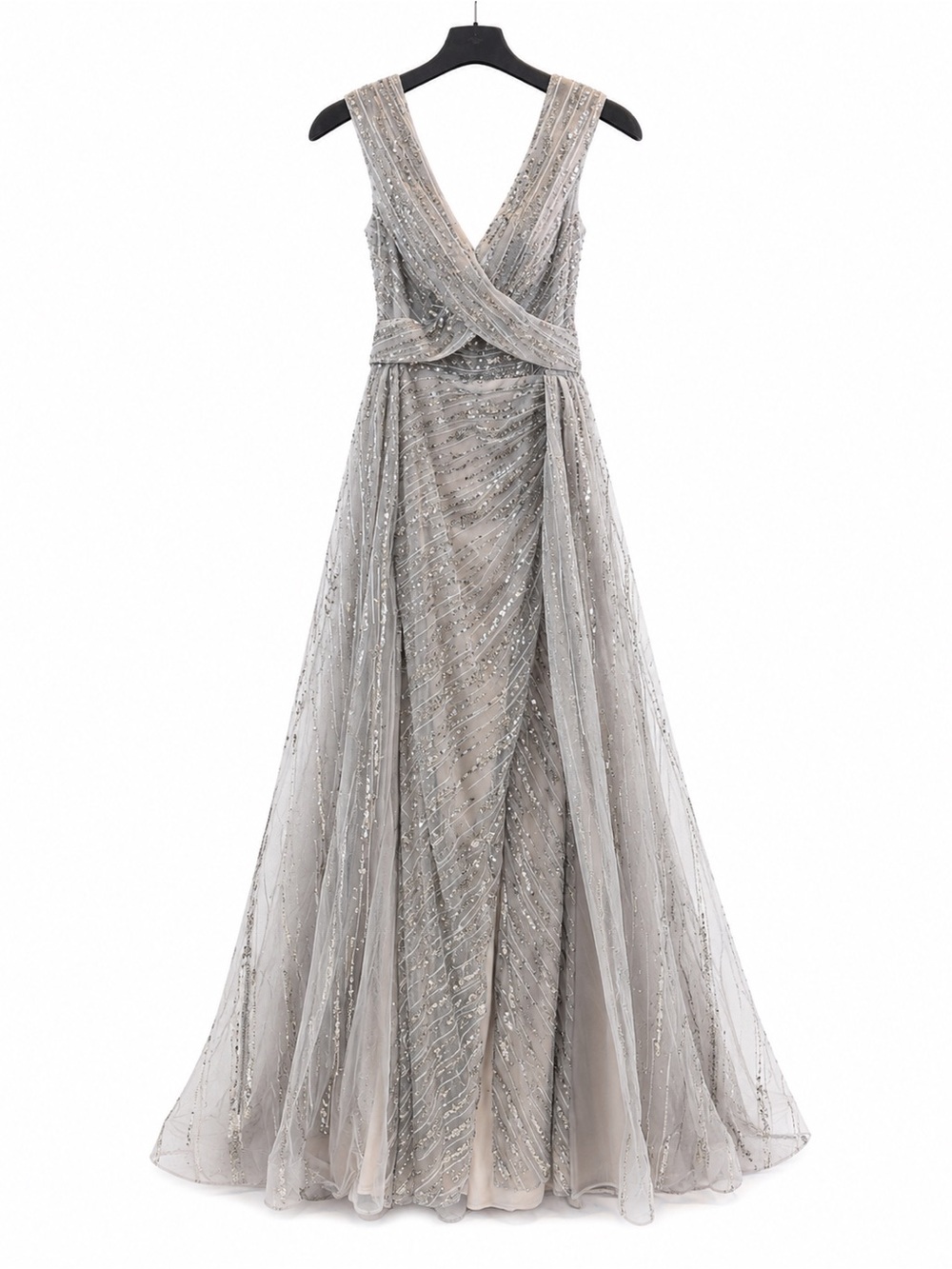 Catwalk 60133 Silver Beaded V-Neck Evening Gown